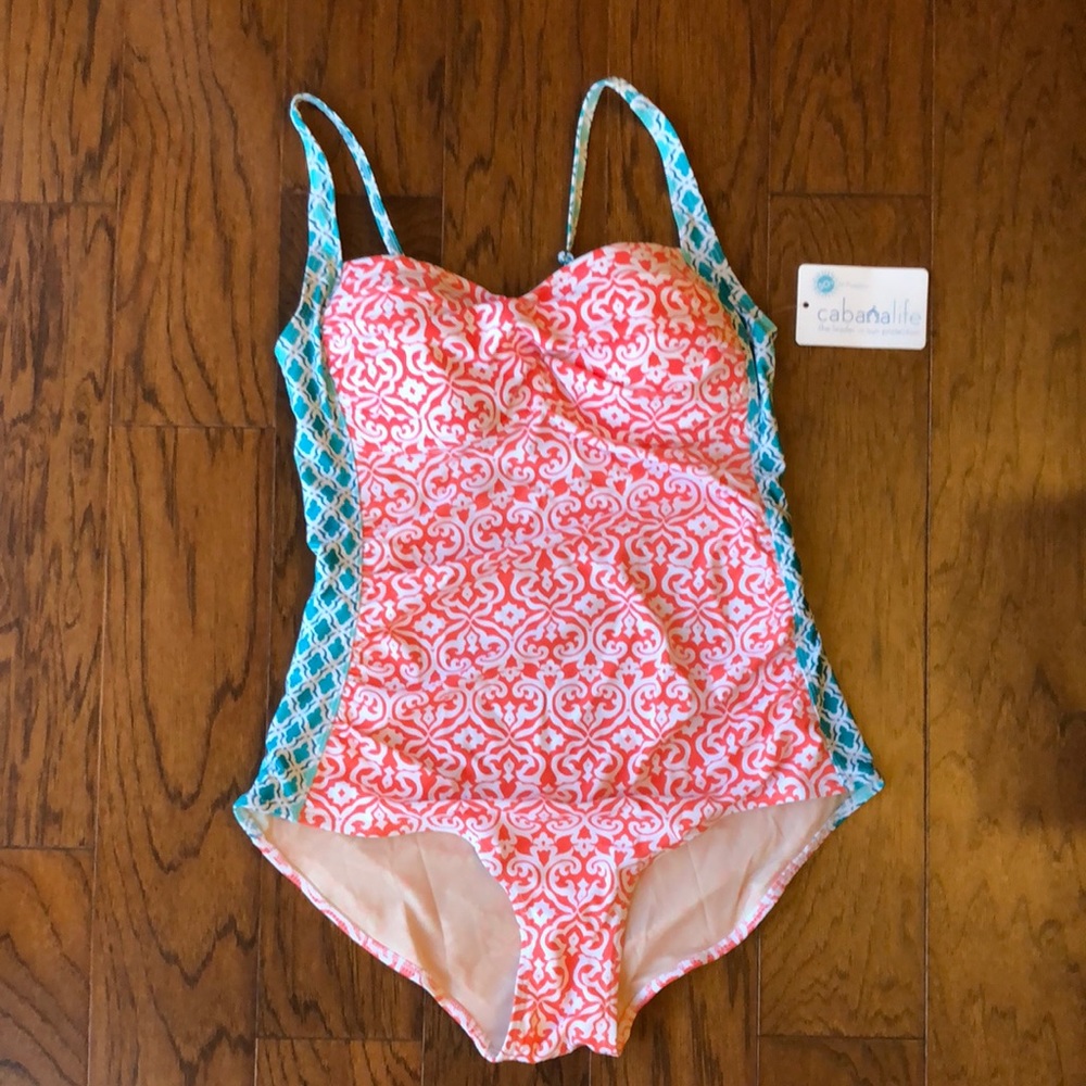 Coral & turquoise Cabana Life one piece swimsuit.